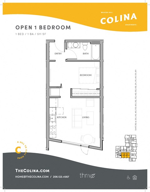Floor plan for 1 bed, 1 bath, 511 sqft